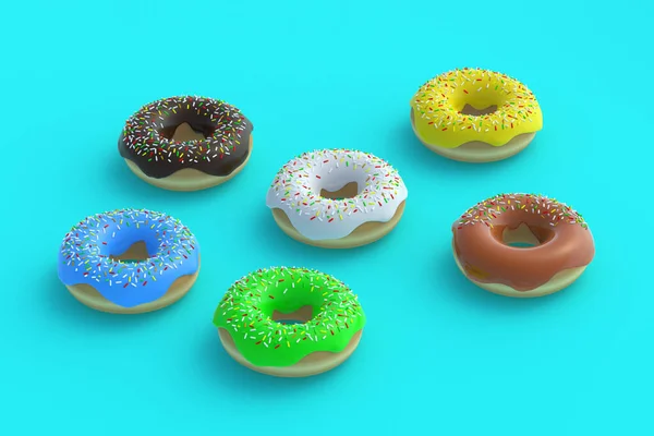 Donuts Espalhados Fundo Azul Padaria Caseira Hora Pausa Doce Sobremesa — Fotografia de Stock