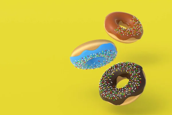 Donuts Voadores Fundo Amarelo Padaria Caseira Hora Pausa Doce Sobremesa — Fotografia de Stock