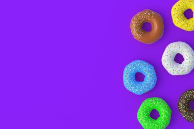 Menekşe arka planda jöleli donutlar. Ev yapımı fırın. Mola zamanı. Tatlı tatlı. Fast food. Üst Manzara. Uzayı kopyala 3d hazırlayıcı