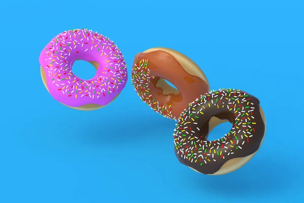 Fliegende Donuts Auf Blauem Hintergrund Hausgemachte Backwaren Pausenzeit Süßes Dessert — Stockfoto