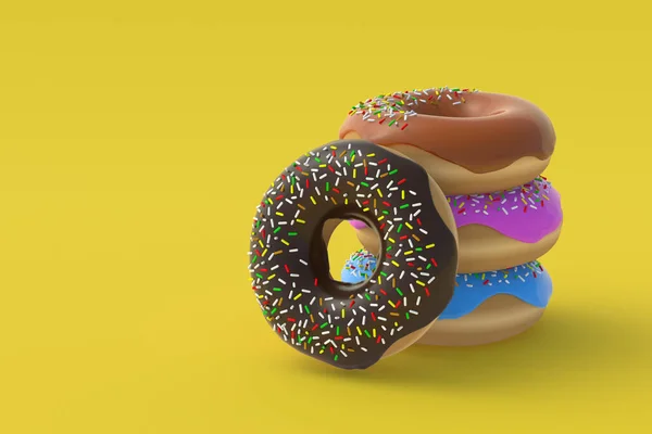 一堆堆黄色背景的甜甜圈 自制的面包店 休息时间 甜甜的甜点快餐 复制空间 3D渲染 — 图库照片
