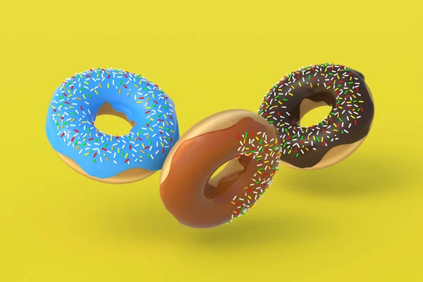 Donuts Voladores Sobre Fondo Amarillo Renderizar — Foto de Stock