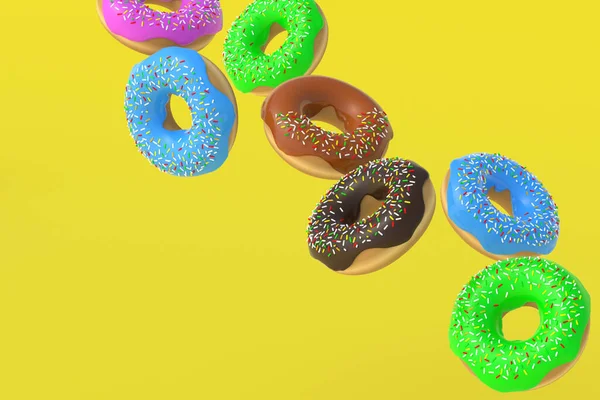 Viele Fallende Donuts Auf Gelbem Hintergrund Hausgemachte Backwaren Pausenzeit Süßes — Stockfoto