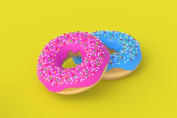黄色背景上的两个釉面甜甜圈 自制的面包店 休息时间 甜甜的甜点快餐 3D渲染 — 图库照片
