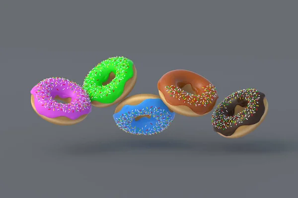 Levitar Donuts Sobre Fundo Cinzento Renderização — Fotografia de Stock