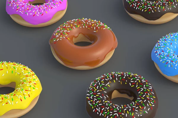 Espalhou Vários Donuts Fundo Cinza Padaria Caseira Hora Pausa Doce — Fotografia de Stock