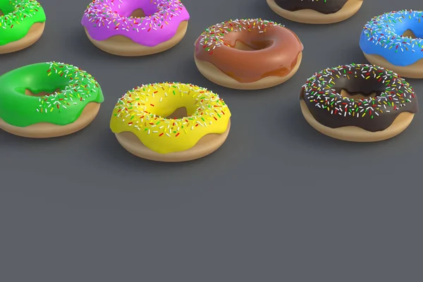 Donuts Dispersos Sobre Fondo Gris Panadería Casera Tiempo Descanso Dulce — Foto de Stock