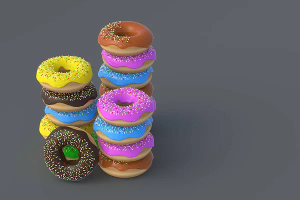 Stapel Van Vele Donuts Grijze Achtergrond Zelfgemaakte Bakkerij Tijd Voor — Stockfoto