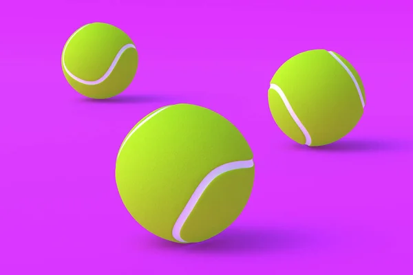 Tres Pelotas Tenis Verdes Sobre Fondo Violeta Campeonato Internacional Equipamiento — Foto de Stock
