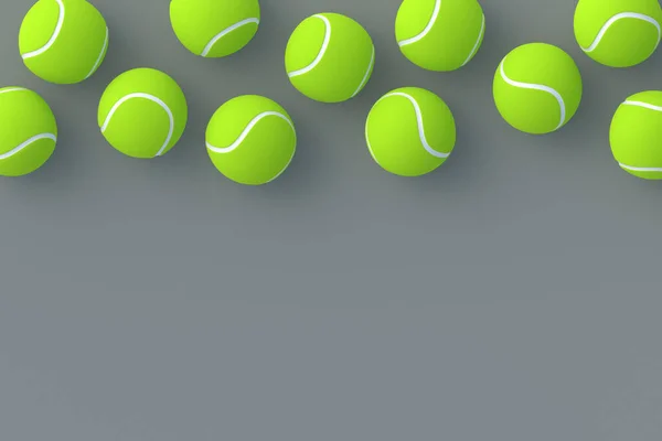 灰色の背景に散在するテニスボール 国際選手権 スポーツ用具 アクティブスポーツ 余暇のためのゲーム 平置きだ コピースペース 3Dレンダリング — ストック写真