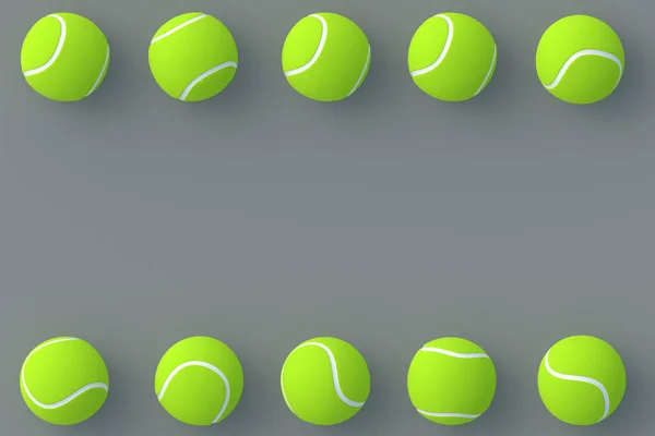 Horizontal Rows Tennis Balls Gray Background International Championship Sports Equipment — Stock Photo, Image