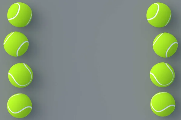 灰色の背景にテニスボールの垂直方向の行 国際選手権 スポーツ用具 アクティブスポーツ 余暇のためのゲーム 最上階だ コピースペース 3Dレンダリング — ストック写真