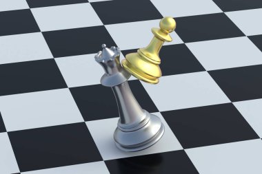 Altın vezir ve altın piyon satranç tahtasında. Masa oyunları. Uluslararası turnuva. Hobi ve boş zaman. 3d hazırlayıcı