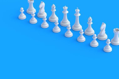 Mavi arka planda beyaz satranç figürleri. Masa oyunları. Uluslararası turnuva. Hobi ve boş zaman. Uzayı kopyala 3d hazırlayıcı