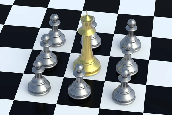 Χρυσός Βασιλιάς Και Ασημένια Πιόνια Στη Σκακιέρα Επιτραπέζια Παιχνίδια Διεθνές — Φωτογραφία Αρχείου