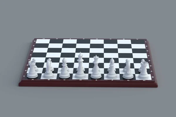 一套灰色背景的棋盘上的白棋图形 桌上游戏 国际比赛 业余爱好和休闲 3D渲染 — 图库照片