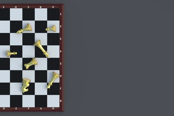 棋盘上撒满了金黄色的棋子 桌上游戏 国际比赛 业余爱好和休闲 顶部视图 复制空间 3D渲染 — 图库照片