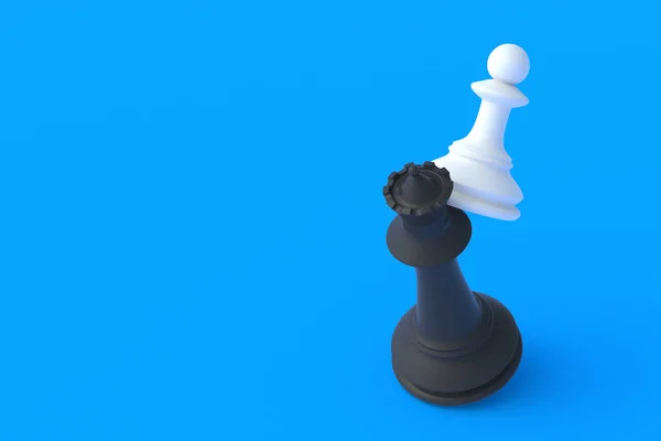 国际象棋人物的女王和典当的蓝色背景 桌上游戏 国际比赛 业余爱好和休闲 复制空间 3D渲染 — 图库照片
