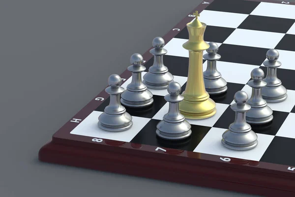 Chess Figure King Golden Color Och Många Silverfärgade Bönder Bordsspel — Stockfoto