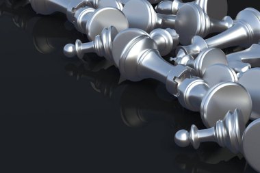 Siyah arka planı yansıtan gümüş satranç figürleri. Masa oyunları. Uluslararası turnuva. Hobi ve boş zaman. Uzayı kopyala 3d hazırlayıcı