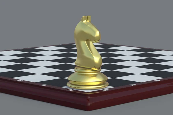 Golden Chess Figure Chevalier Sur Échiquier Sur Fond Gris Jeux — Photo