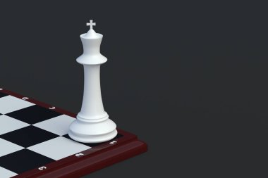 Siyah arka planda satranç tahtasında satranç figürü kral. Masa oyunları. Uluslararası turnuva. Hobi ve boş zaman. Uzayı kopyala 3d hazırlayıcı