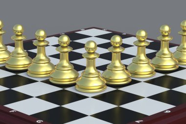 Satranç tahtasında bir sürü altın satranç figürü var. Masa oyunları. Uluslararası turnuva. Hobi ve boş zaman. 3d hazırlayıcı