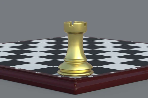 Golden Chess Figure Rook Sur Échiquier Sur Fond Gris Jeux — Photo