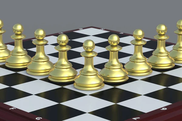 Πολλά Χρυσά Πιόνια Σκακιού Στην Σκακιέρα Επιτραπέζια Παιχνίδια Διεθνές Τουρνουά — Φωτογραφία Αρχείου