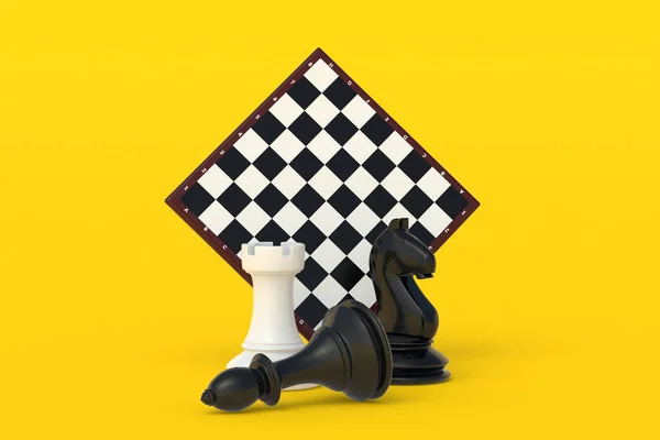 国际象棋棋盘旁边的一组国际象棋人物 背景是黄色的 桌上游戏 国际比赛 业余爱好和休闲 3D渲染 — 图库照片