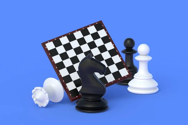 蓝色背景的国际象棋棋盘旁边的一组国际象棋人物 桌上游戏 国际比赛 业余爱好和休闲 3D渲染 — 图库照片