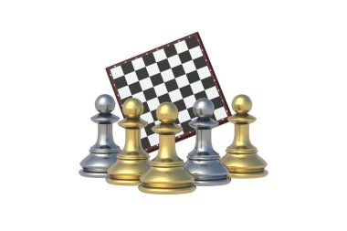 Satranç tahtasının yanındaki piyonlar beyaz arka planda izole edilmiş. 3d hazırlayıcı