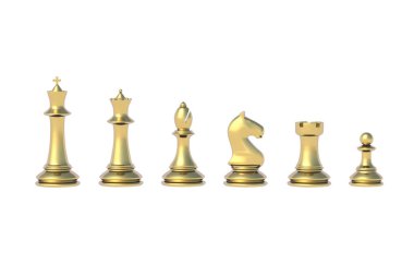 Beyaz arka planda izole edilmiş altın satranç figürleri. 3d hazırlayıcı