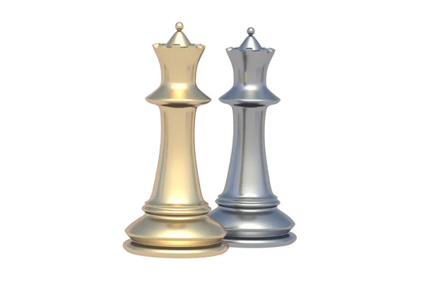 Золоті Срібні Шахові Фігури Королеви Ізольовані Білому Тлі Візуалізація — стокове фото