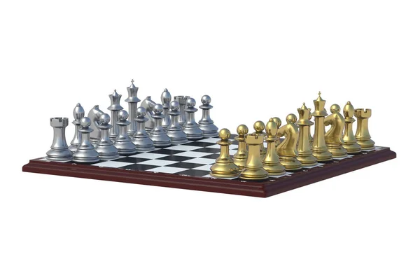Набір Шахових Фігур Шаховою Дошкою Ізольовано Білому Тлі Візуалізація — стокове фото