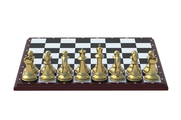 Zlaté Šachové Figurky Šachovnici Izolované Bílém Pozadí Vykreslení — Stock fotografie