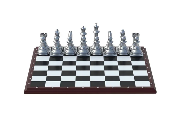 Luxusní Sada Stříbrných Šachových Figurek Šachovnici Izolované Bílém Pozadí Vykreslení — Stock fotografie