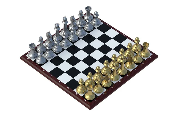 Luxusní Sada Kovových Šachových Figurek Šachovnici Izolované Bílém Pozadí Vykreslení — Stock fotografie
