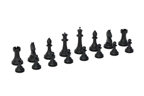 Σύνολο Από Μαύρες Σκακιστικές Φιγούρες Απομονωμένες Λευκό Φόντο Απόδοση — Φωτογραφία Αρχείου