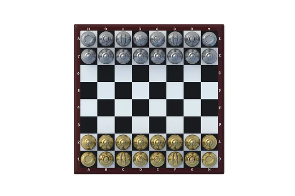 Luxusní Sada Kovových Šachových Figurek Šachovnici Izolované Bílém Pozadí Vykreslení — Stock fotografie