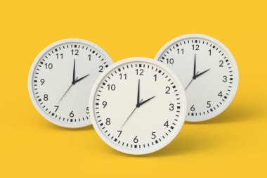 Sarı arka planda üç yuvarlak duvar saati. Zaman yönetimi. Kahve molası. Ev aksesuarları. 3d hazırlayıcı