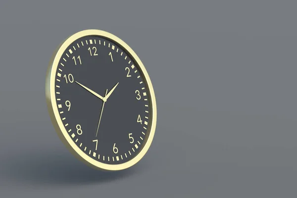 Luxury golden wall clock on gray background. Copy space. 3d render