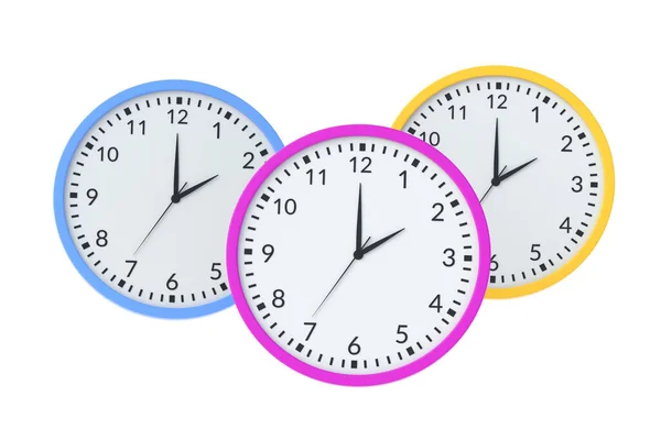Три Стильні Настінні Годинники Ізольовані Білому Тлі Візуалізація — стокове фото