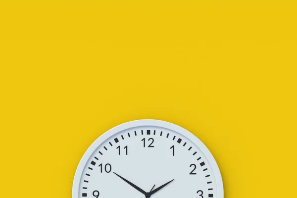 Nowoczesny Zegar Ścienny Żółtym Tle Zarządzanie Czasem Widok Góry Odbiór — Zdjęcie stockowe