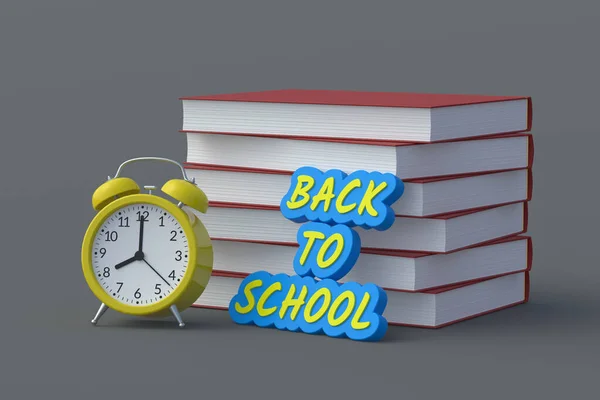 Stack Books Words Back School Alarm Clock Concept Education Render — Stock Photo, Image