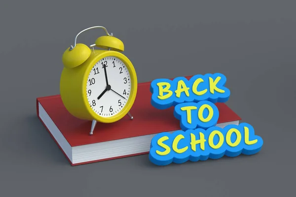 Book Words Back School Alarm Clock Concept Education Render — Stock Photo, Image