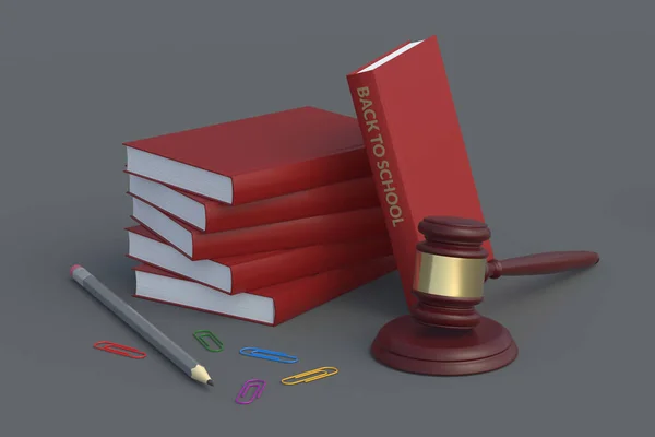 Irodai Kellékek Könyvek Közelében Felirattal Vissza Iskolába Bíró Kalapács Közelében — Stock Fotó