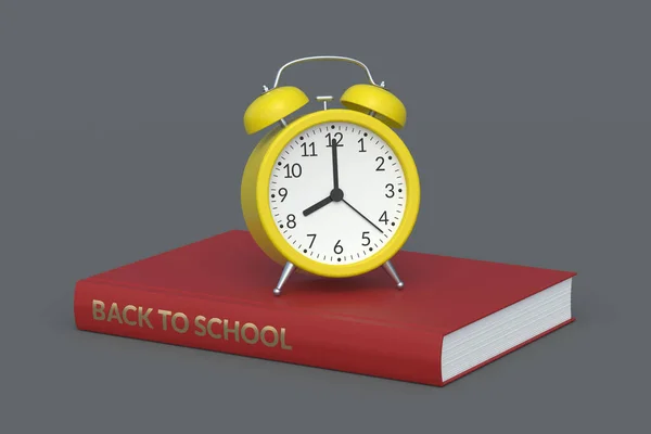 Relógio Despertador Livro Com Inscrição Volta Escola Conceito Educação Renderização — Fotografia de Stock