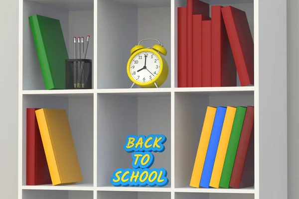 Terug Naar School Briefpapier Accessoires Boekenplanken Renderen — Stockfoto