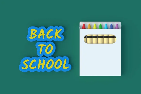 Słowo Szkoły Pobliżu Kolorowych Kredek Woskowych Ołówków Koncepcja Edukacji Leżeć — Zdjęcie stockowe